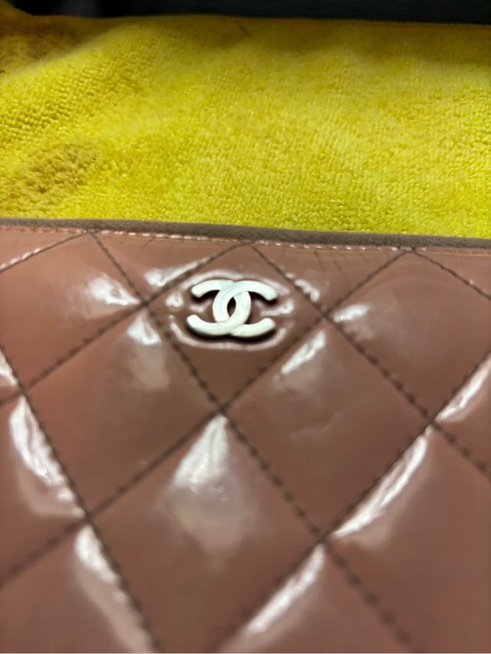 Authentic Chanel Matelasse Brilliant Patent Leather Zip Around Long Wallet Pink